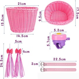 Kids Bike Basket Set, Girl Bike Basket Pink Handwoven, Children Cycling Basket with Leather Straps, Bowknot Streamers and Bell Easy Install Detachable