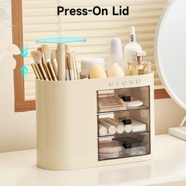 UFORU Makeup Organizer with Pop-Up Brush Holder for Dresser Vanity, Plastic Bathroom Counter Organizer with 3 Drawers & Dust-Proof Cover, Cosmetic Display Case for Lipstick, Skincare, Cream White