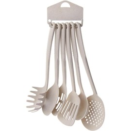 Kitchen Utensils Set 6 Pcs 30cm Non-Stick Cooking Slotted Spoons Turners Spatula Soup Ladle Pasta Fork & Spaghetti Serving Spoon Set Dishwasher Safe Best Kitchen Tools (Cream)