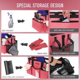 SCAVATA Wearable Cleaning Caddy Bag, Cleaning Caddy Supplies Organizer with Handle & Shoulder Straps for Housekeepers, Under Sink & Car Cleaning Tool Organizers with 4 Foldable Divider (RoseRed)