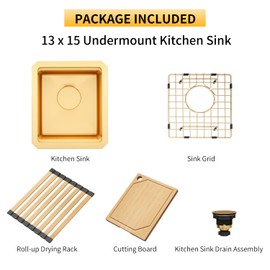 MONSINTA Bar Sink, Undermount Kitchen Sink With Workstation Ledge,10" Depth, Gold color, Small Single Bowl Stainless Steel Kitchen Sink With Accessories (13" x 15" x 10")