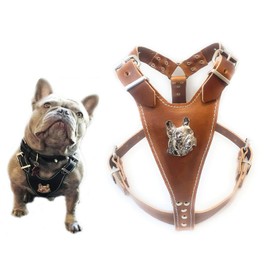 Beautiful Brown Leather Dog Harness Medium Size with French Bulldog Head Motif only for Fully Grown French Bulldogs
