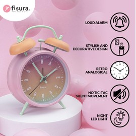 Fisura – Gradient Analog Alarm Clock Without Ticking, with LED Night Light & Writable Message Board – Metal – 6.3 x 4.5 x 2.1 in