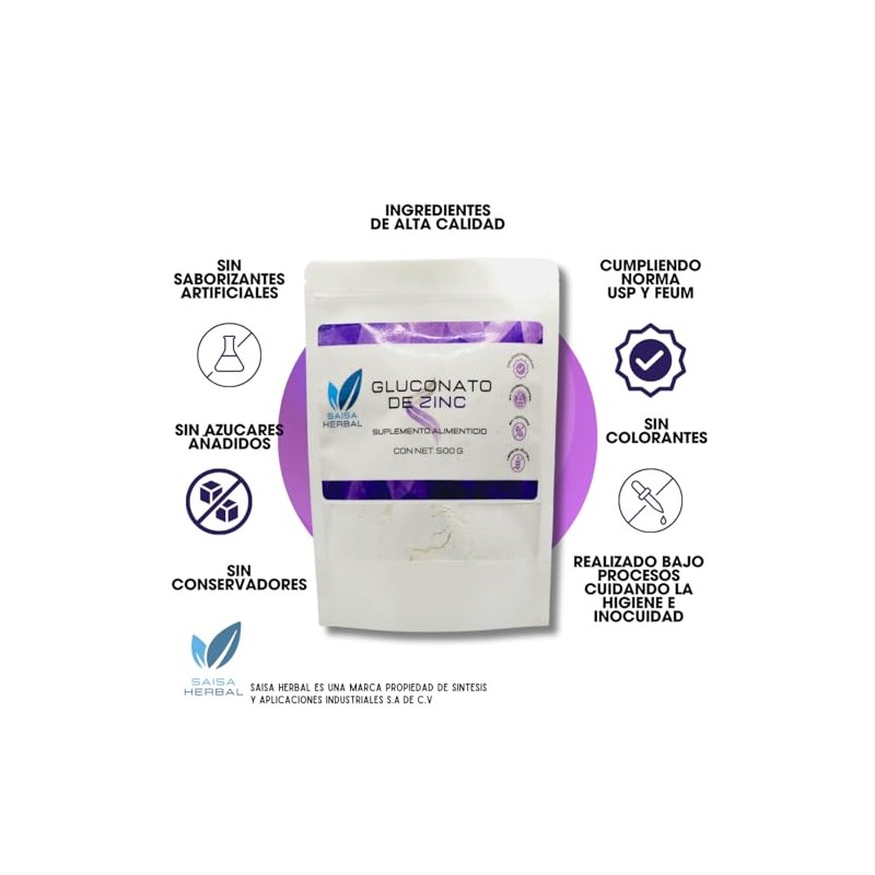 Gluconato de Zinc 100 Puro 500 g