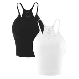 Sunzel Women's Ribbed Tank Tops, Seamless Crop Top, Long Basics Camisole Shirts with Racerback & Scoop Neck for Workout Yoga 2 Packs Black White XS/S