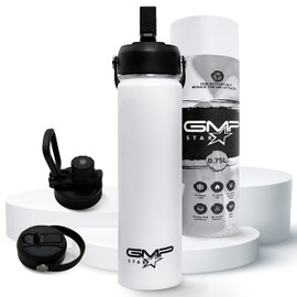 GMP star 18-8 Stainless Steel-Double-Wall Vacuum Insulated Water Bottle Flask for Hot and Cold Drinks with two different lids,Eco-friendly packaging,UK Company 0.75 Litre white