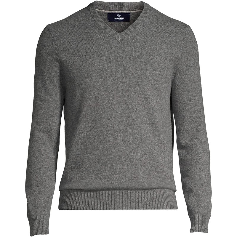 Lands' End Mens Cashmere V-Neck Sweater Charcoal Heather Regular Large
