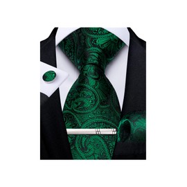 DiBanGu Men Tie Set Green Paisley Silk Necktie Pocket Square Cufflinks Tie Clip Formal Wedding