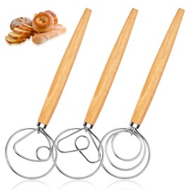 Set of 3 Danish Whisks - 13 Inch Danish Dough Whisk with Wooden Handle, Danish Dough Whisk, Dough Mixer, Bread Baking Accessories for Baking, Bread, Sourdough, Pastry, Set A