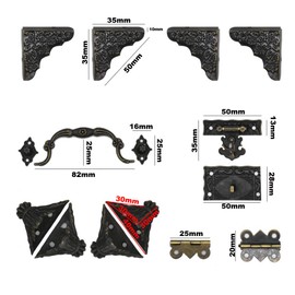 Antique Jewelry Box Lock Latch Hasp Hinges Handle Corner Protectors Kit for DIY Bronze Tone 2 Sets 24Pcs
