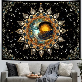 Ameyahud Moon and Sun Tapestry Spiritual Mandala Tapestries Black Flower Plant Tapestry Hippie Boho Vintage Aesthetic Tapestries Wall Hanging Decor for Home