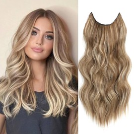 BAOTA Invisible Wire Hair Extensions with Transparent Headband Adjustable Size 4 Secure Clips Long Wavy Secret Wire Hairpiece 16 Inch for Women（Ash Brown with Beach Blonde）