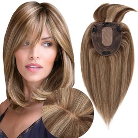 SEGOHAIR Hair Toppers for Women Real Human Hair With Bangs 13 * 15 cm Larger Silk Base 150% Density Clip In Topper Hairpieces Wiglet Top Hair Pieces for Women Whin Thinning Hair /10 Inch 4P27