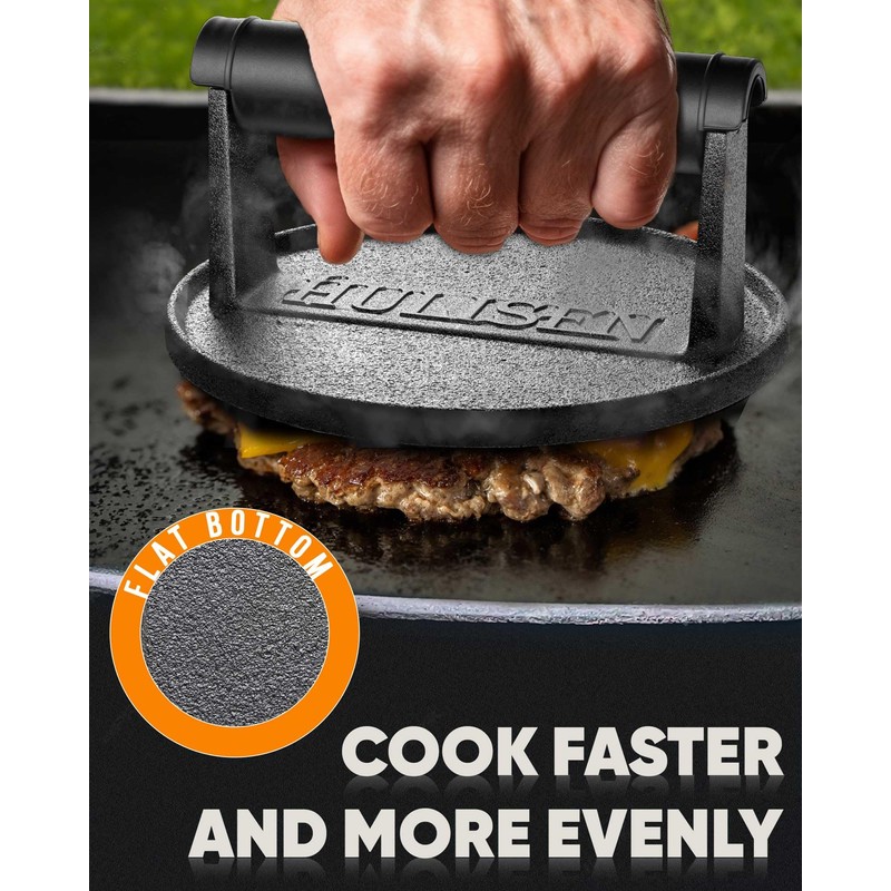 HULISEN Pre-Seasoned Cast Iron Burger Press, Heavy Duty 6” Burger