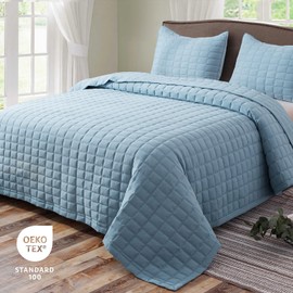 KASENTEX Quilt-Bedding-Coverlet-Blanket-Set, Machine Washable, Ultra Soft, Lightweight, Stone-Washed, Detailed Stitching - Solid Color (Grey Blue, Oversized King + 2 King Shams)