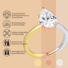 JALOKIVI 3CT 925 Sterling Silver Engagement Rings for Women Elongated Pear Cut Solitaire Cubic Zirconia Wedding Rings for Women Promise Rings for Her Gold Size 5