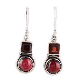 NOVICA Artisan Handmade Garnet Dangle Earrings Square Circular from India Sterling Silver Birthstone Gemstone [1.1 in L x 0.3 in W x 0.2 in D] ' Glittering Combo'