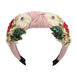 Florate Knotted Crystal Flower Headband for Women Embroidered Rhinestone Floral Luxury Pearl Bead Wide Vintage Hairband Hair Accessories (H1137-pink)