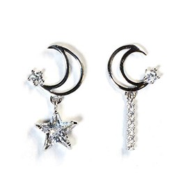 Allgala Sterling Silver 925 Elegant Delicate Secured Post Moon and Star Dangle Drop Earrings