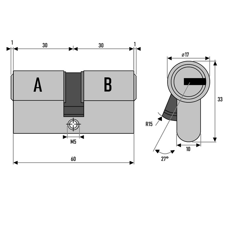 2x Profile Cylinder 60 mm 30/30 Keyed Alike Emergency and