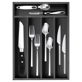 Small Silverware Organizer Tray Kitchen Drawer Organizer Wooden Utensil Holder Organizer Drawer Divider Narrow Black Cutlery Tray for Spoon and Forks Organizer Bamboo Flatware Organizer for Drawer