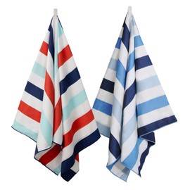 Exclusivo Mezcla 2 Pack Oversized Microfiber Beach Towel, Striped Sand Free Sports/Swimming/Pool Towel for Kids and Adults, (Blue and Navy, 35" x 70") - Quick Dry and Lightweight