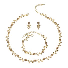 Clearine Wedding Jewellery Set for Women Bride, Gorgeous Stunning Crystal Flower Leaf Cluster Choker Necklace Link Bracelet Stud Earrings for Bridal Bridesmaid Champagne Gold-Tone