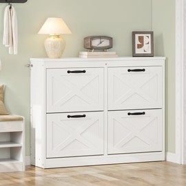 YITAHOME Shoe Cabinet with 4 Flip Drawers, Freestanding Shoe Rack, Shoe Organizer, Narrow Shoe Cabinet for EntryWay Hallway Living Room, White