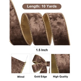 SIMISI RIBBON Brown Crushed Velvet Ribbon Wired for Christmas Tree Decorations, Outdoor Ornaments, Garland and Wreath Decor (1.5 Inch, 10 Yards)