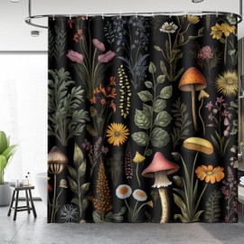 Aimego Mushroom Floral Shower Curtain - Boho Vintage Plants Flowers Retro Bohemian Botanical Nature Bath Shower Curtain Set with 12 Hooks for Adults Bathroom Decor Accessories, 72"x72" Black