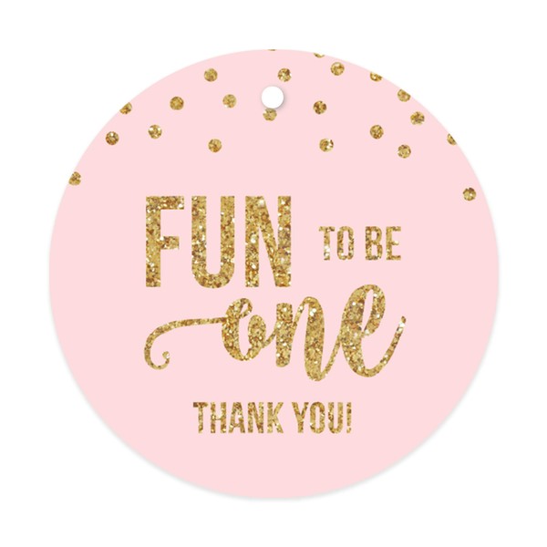 Andaz Press Blush Pink Gold Glitter Girl's 1st Birthday Party Collection, Round Circle Gift Tags, Fun to Be One Thank You, 24-Pack