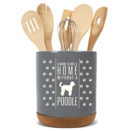 Elanze Designs Home Without A Poodle Puppy Dog Pawprint X-Large Cork Bottom Ceramic Stoneware Utensil Holder, Spatula Caddy, Crock Container, Kitchen Storage Organizer Home Décor, Slate Grey
