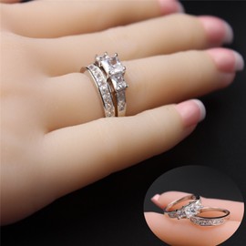 MABELLA Sterling Silver Ring for Women - 3 Stone CZ Princess Cut Engagement Ring - Cute Silver Wedding Ring Bands for Women - Bridal Womens Ring Set - Unique Gift for Her - 2 Pcs - Size 8
