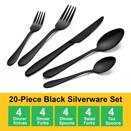LIANYU 20-Piece Black Flatware Set for 4, Stainless Steel Silverware Cutlery Set, Tableware Eating Utensils Include Forks Knives Spoons, Mirror Finish, Dishwasher Safe