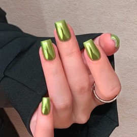 MERVF Square Press on Nails Medium Fake Nail Green Color Mirror Metallic Chrome Glue ons Acrylic Nail Supplies Art DIY Squoval Neon Manicure 24pcs Glossy