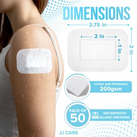 JJ CARE Waterproof Adhesive Island Dressing [Pack of 50], 2" x 3.75" Sterile Bordered Gauze, Breathable Island Wound Dressing, Individually Wrapped Adhesive Gauze Bandages with Non-Stick Central Pad