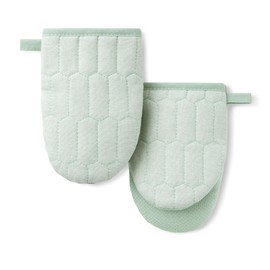 MARTHA STEWART Honeycomb Quilted Chambray Mini Oven Mitt 2-Pack Set, 100% Cotton, Flexible Non-Slip Silicone Grip, Heat Resistant, Mint Green, 5.5"X8"