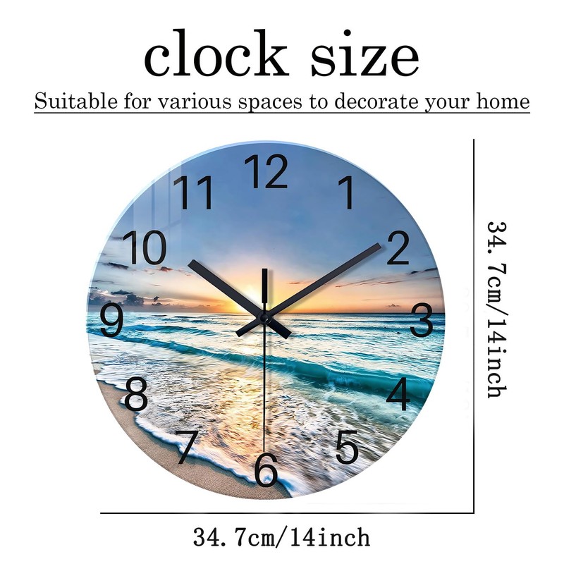 Constantplanet Blue Beach Wall Clock for Kitchen 14 Inch Round
