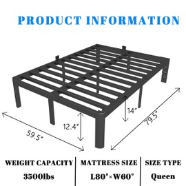 KOSOSO 14 Inch Queen Bed Frame, Black Bed Frame Queen Size with Metal Baffles, No Box Spring Needed, Heavy Duty Steel Platform Support to 3500LBS, Round Corner Design, Noiseless, Storage Space