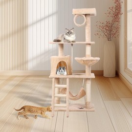 Heemab Multi-Level Climbing Frame with Scratching Posts and Ladders for Cats, Cream White, Easy Assembly