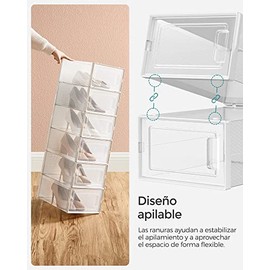 SONGMICS Cajas de Zapatos Plástico, Juego de 12 Organizadores de Almacenamiento para Zapatillas hasta talla 44, Transparente y Blanco MLSP12SWT       