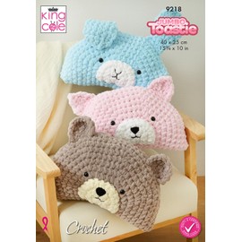 King Cole 9218 Crochet Pattern Animal Pillow Designs Bear Rabbit and Cat in Jumbo Toastie