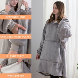 Good Nite Blanket with Sleeves for Women and Men, Sherpa Cuddly Blanket, Portable Blankets, Adult Cosy Sweater, Portable Warm Blankets, Oversized Hoodie with Pockets, Grey (80 x 85 cm)