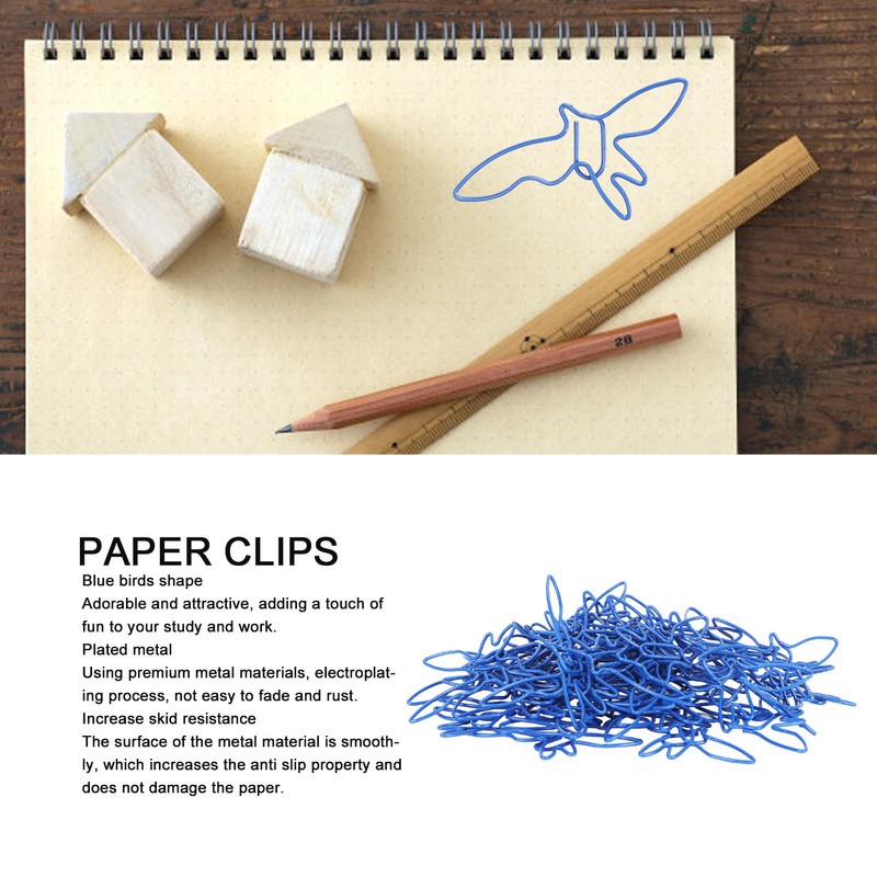 100pcs Blue Birds Paper Clips Creatively Cute Plated Metal Bookmark