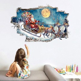 LHIUEM 3D Christmas Wall Decals Santa Claus Reindeer Eve Wall Stickers 3D Large Merry Christmas Decals Funny Xmas Sledge Decals Removable Big Moon Winter Wall Clings for Living Room Bedroom Classroom