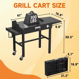 ADREAK Grill Cart, Portable Grill Table for Blackstone Griddle, Foldable Outdoor Grill Stand with Side Tray ＆ Hooks, Movable Pizza Oven Table for Outdoor Use, Fit 17"/25"/30" Large Space