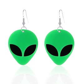 Just Follow Acrylic Punk Green Alien Face Dangle Earrings Big Eye Space Aliens Statement Drop Earrings Stainless Steel Rave Earrings (Green)