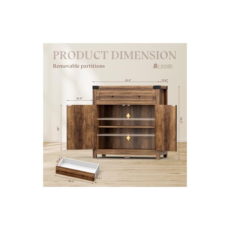 YESHOMY Coffee Bar and Accent Cabinet, Farmhouse Barn Door Buffet