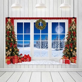 ZJRBJB 10x8ft Christmas Backdrop Red Wall White Window Snowflake Pine Background Xmas Tree Family Party Photo Background New Year Party Decoration