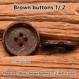 CABODYALS 1/2 Inch Brown Coconut Button Wooden Buttons Small Natural Wood 4 Holes Round Flat Coco Shell Scrapbooking Buttons Bulk for Sewing Making Crafts Crochet Shirts Clothing Decor DIY Supply